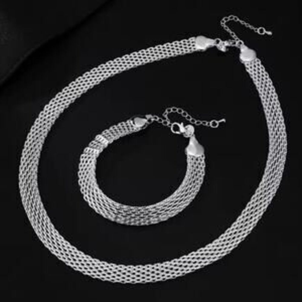 925 Silver Plated Necklace Bracelet Set Sterling 10mm Valentine Birthday Gift